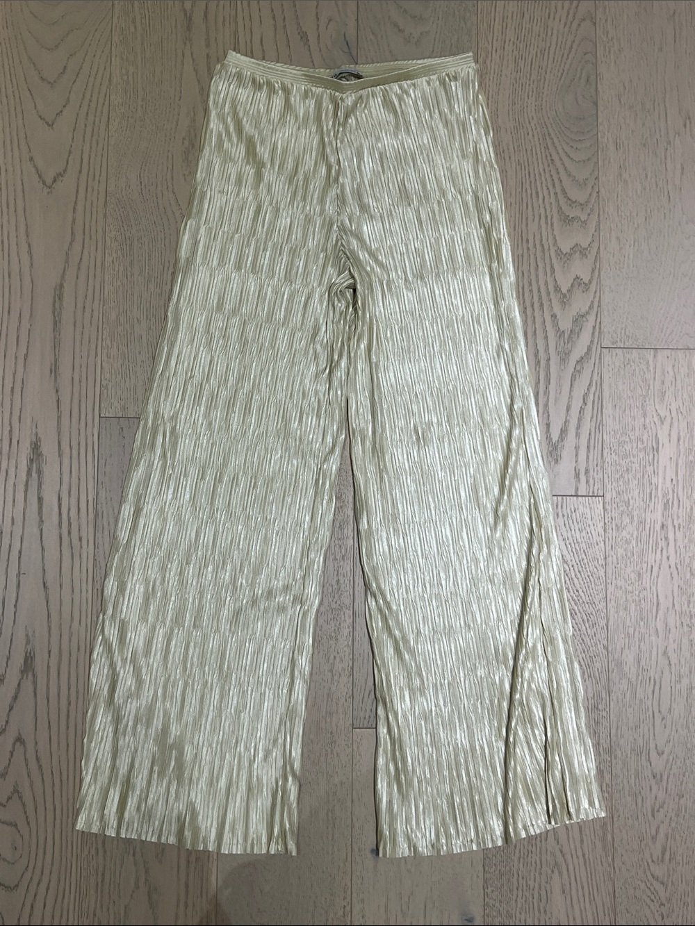 Zara Metallic Pleated Wide-Leg Pants in Light Gold